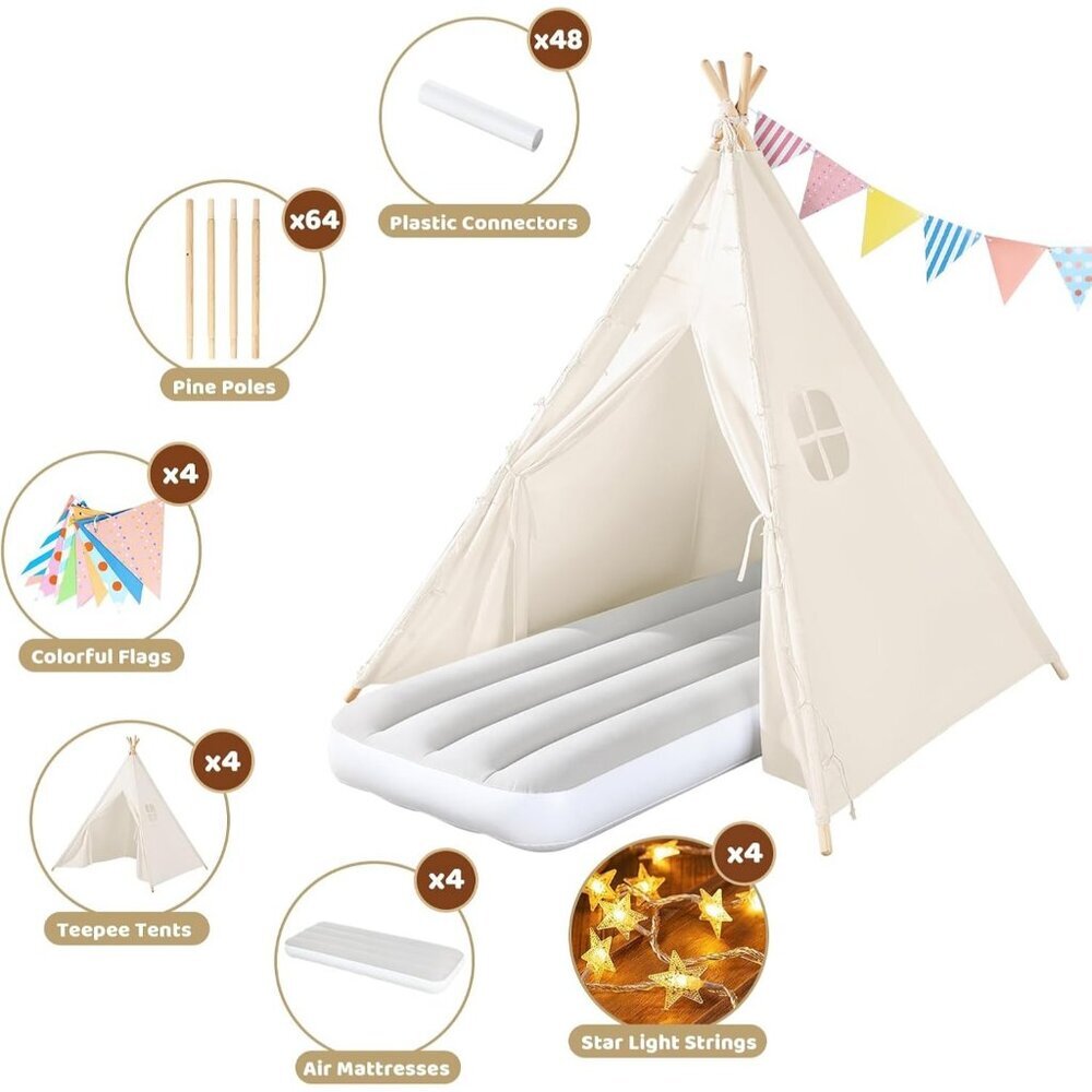 4 Pack Teepee Tent for Kids Slumber Party with Inflatable Airbeds & Lights - Picture 4 of 6
